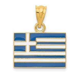 14k Yellow Gold Small Travel Solid Enameled Greece Flag Necklace Charm Pendant